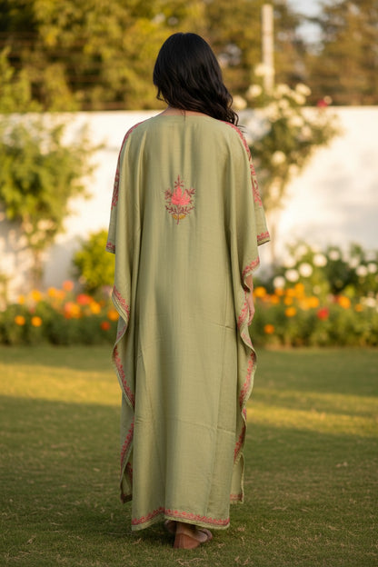 Kashmiri Kaftan Nightgown Maxi with Kashmiri Embroidery Free Size - Light Green