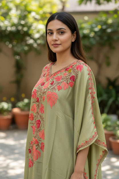 Kashmiri Kaftan Nightgown Maxi with Kashmiri Embroidery Free Size - Light Green