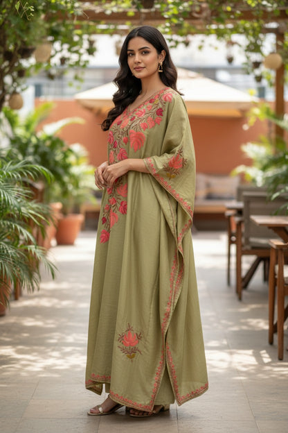 Kashmiri Kaftan Nightgown Maxi with Kashmiri Embroidery Free Size - Light Green