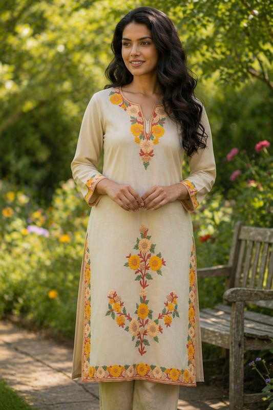 Kashmiri Cotton Co ord set Kurta Set for women (L | Beige)