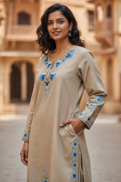 Kashmiri Cotton Co ord set Kurta Set for women (L | Light Grey)