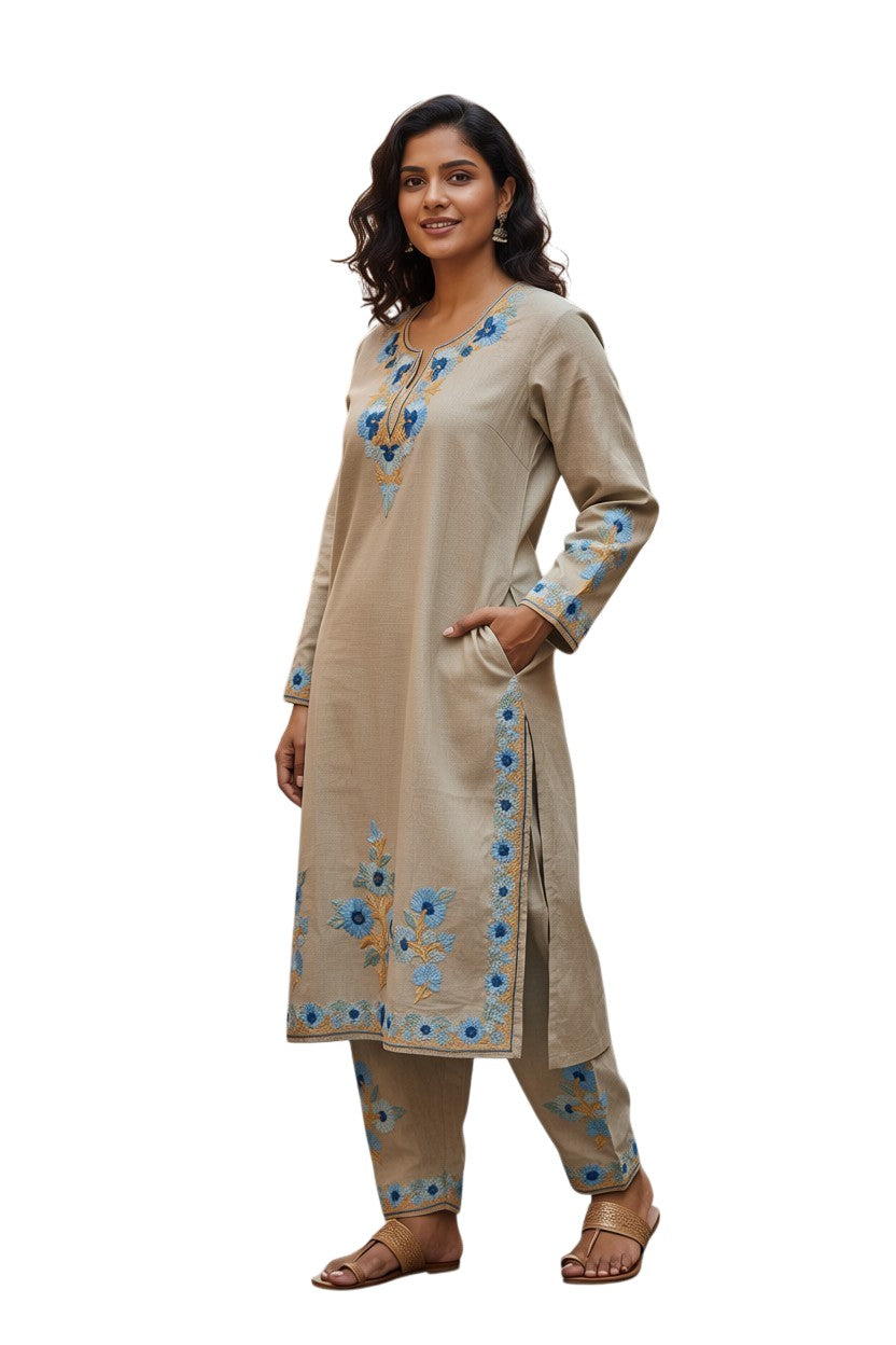 Kashmiri Cotton Co ord set Kurta Set for women (L | Light Grey)