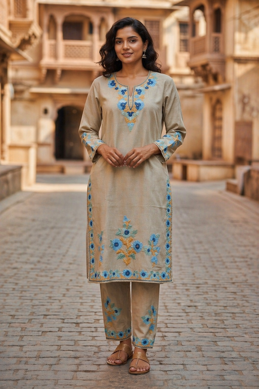 Kashmiri Cotton Co ord set Kurta Set for women (L | Light Grey)