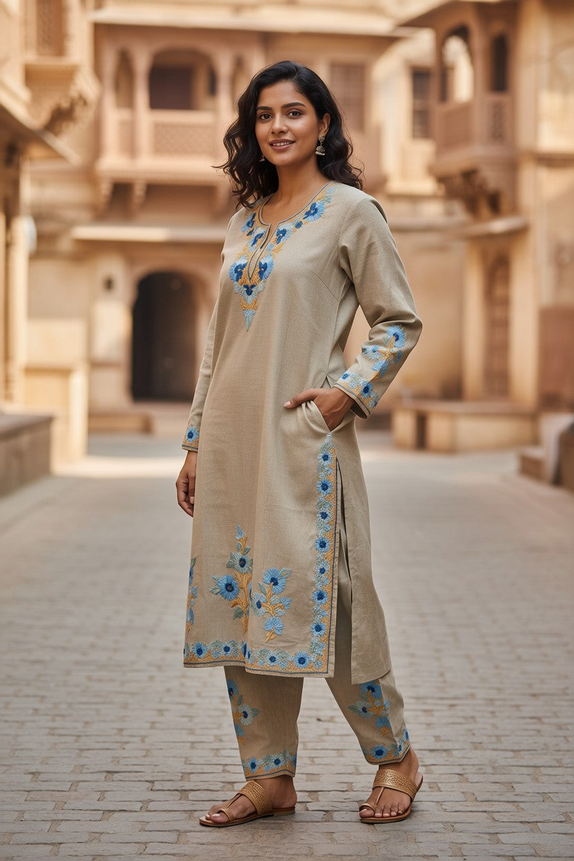 Kashmiri Cotton Co ord set Kurta Set for women (L | Light Grey)