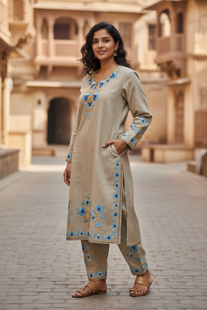 Kashmiri Cotton Co ord set Kurta Set for women (L | Light Grey)