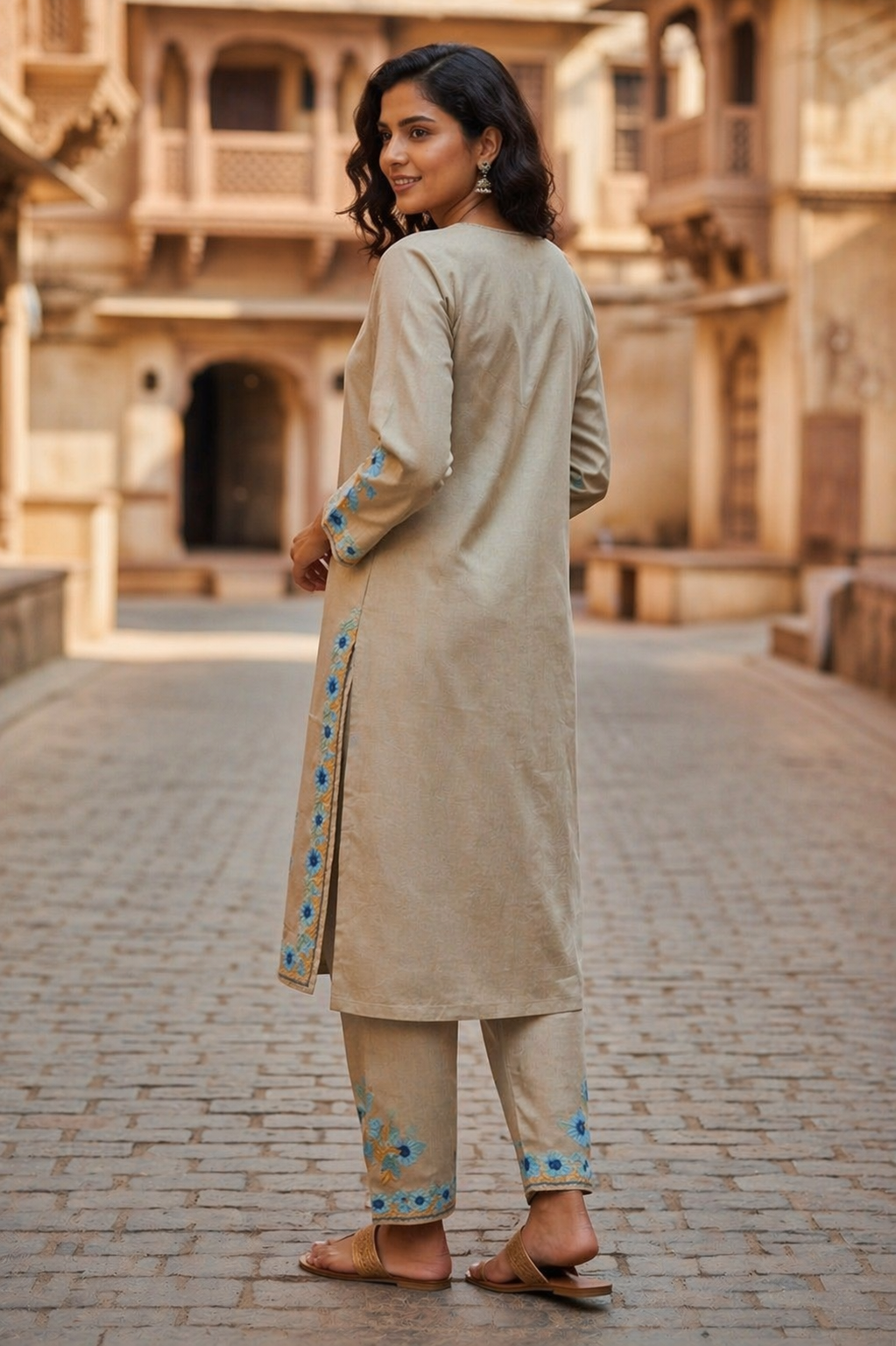 Kashmiri Cotton Co ord set Kurta Set for women (L | Light Grey)