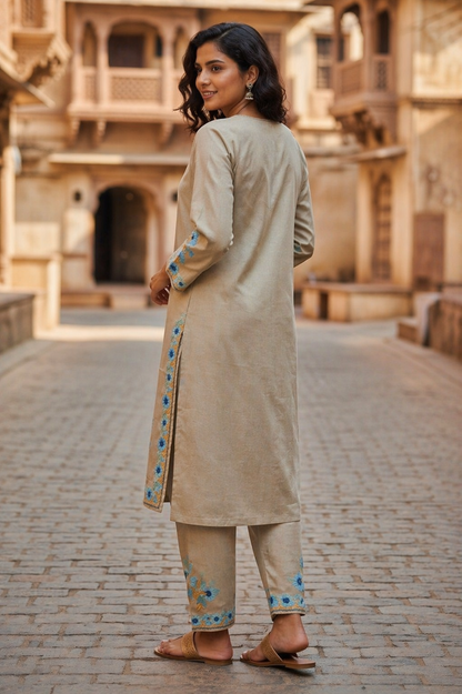 Kashmiri Cotton Co ord set Kurta Set for women (L | Light Grey)