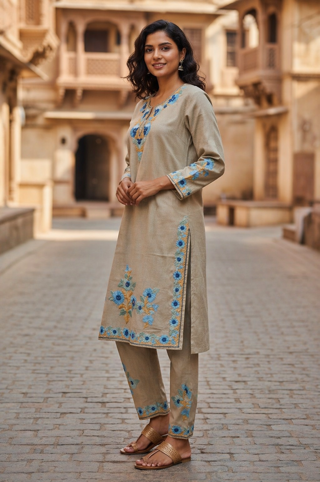 Kashmiri Cotton Co ord set Kurta Set for women (L | Light Grey)