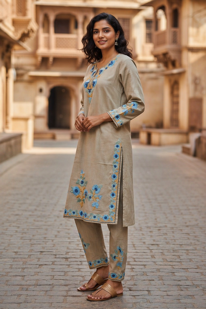 Kashmiri Cotton Co ord set Kurta Set for women (L | Light Grey)
