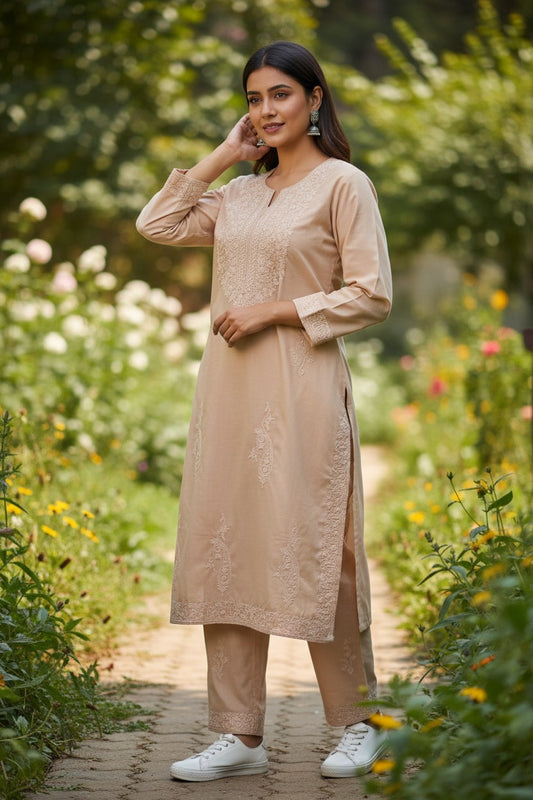 Kashmiri Cotton Co ord set Kurta Set for women (L | Light Pink)
