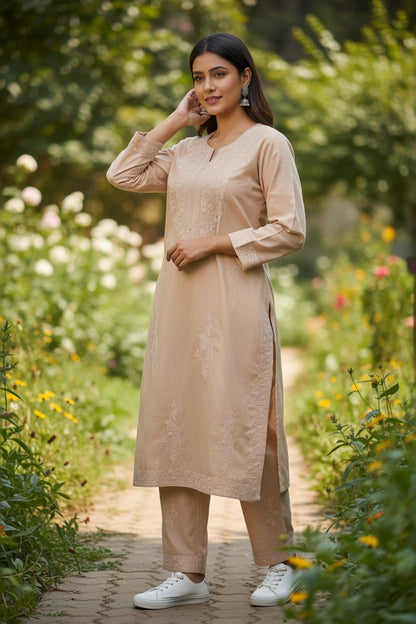 Kashmiri Cotton Co ord set Kurta Set for women (L | Light Pink)