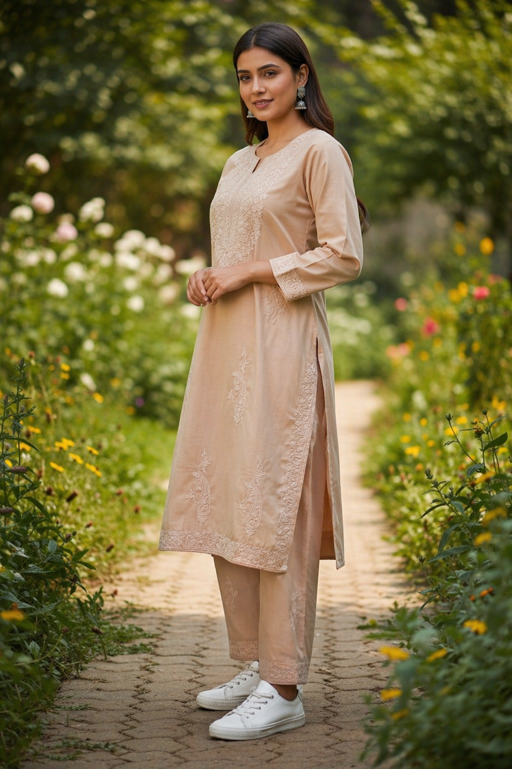 Kashmiri Cotton Co ord set Kurta Set for women (L | Light Pink)