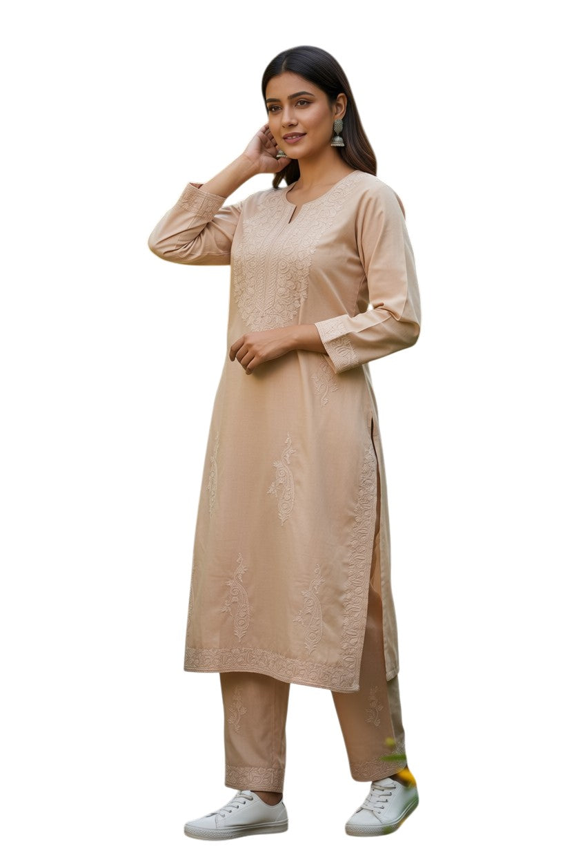 Kashmiri Cotton Co ord set Kurta Set for women (L | Light Pink)