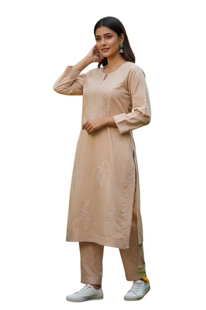 Kashmiri Cotton Co ord set Kurta Set for women (L | Light Pink)