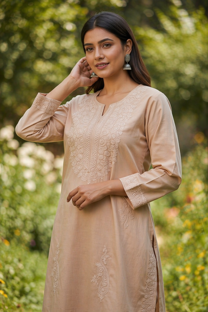 Kashmiri Cotton Co ord set Kurta Set for women (L | Light Pink)