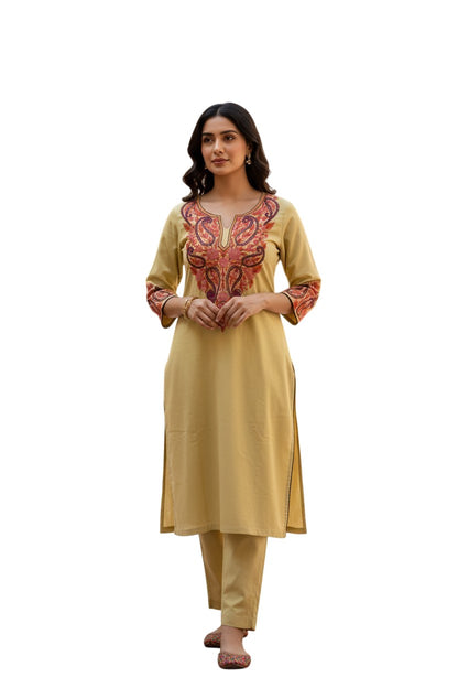 Kashmiri Cotton Co ord set Kurta Set for women (L | Olive Green)