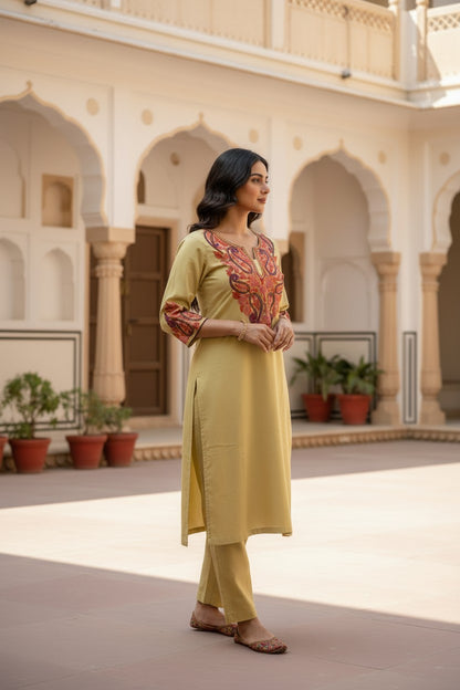 Kashmiri Cotton Co ord set Kurta Set for women (L | Olive Green)