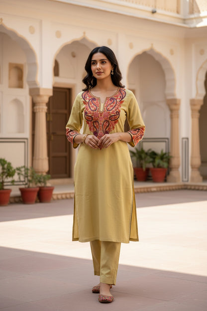 Kashmiri Cotton Co ord set Kurta Set for women (L | Olive Green)