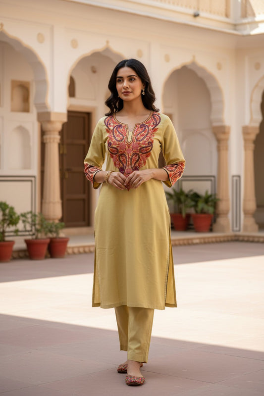 Kashmiri Cotton Co ord set Kurta Set for women (L | Olive Green)