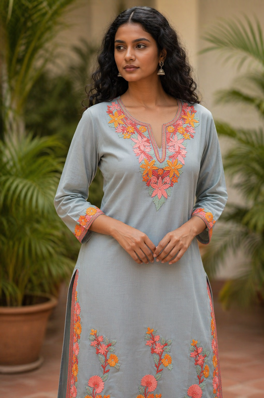 Kashmiri Cotton Co ord set Kurta Set for women (M | Sea Green)