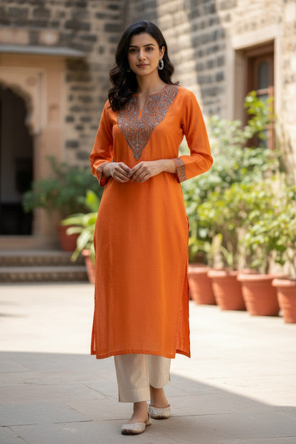 Kashmiri Kurti for Women Silk Kurti with Embroidery - Orange