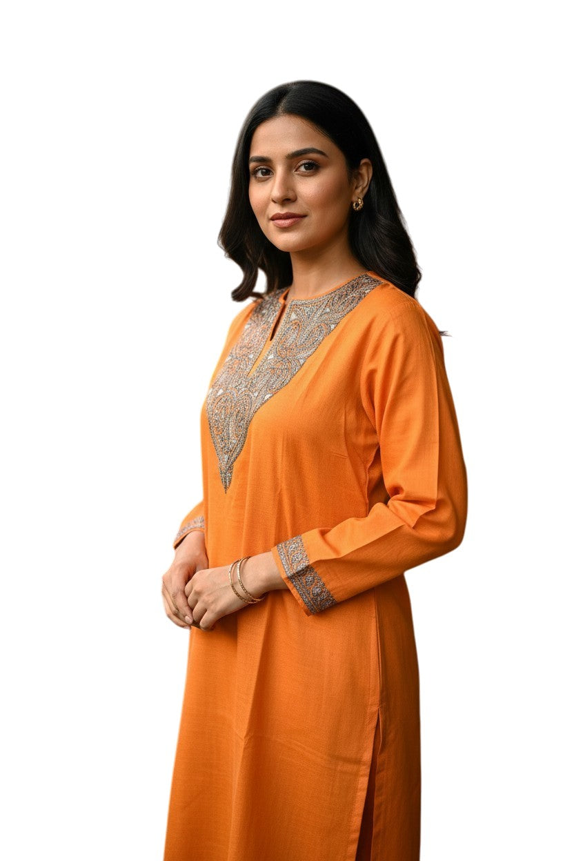 Kashmiri Kurti for Women Silk Kurti with Embroidery - Orange