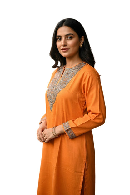 Kashmiri Kurti for Women Silk Kurti with Embroidery - Orange