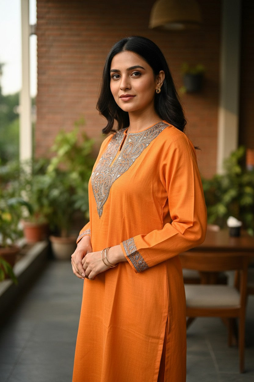 Kashmiri Kurti for Women Silk Kurti with Embroidery - Orange
