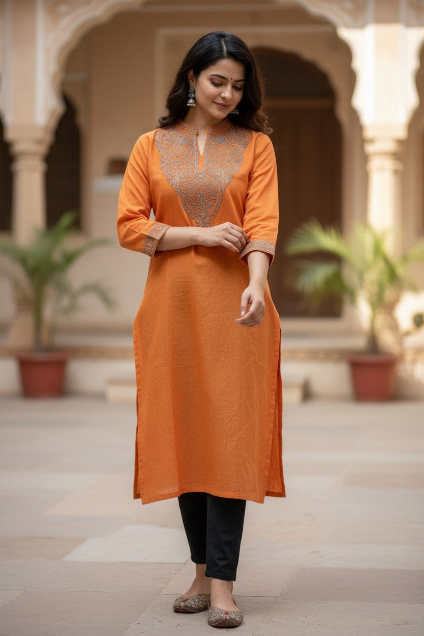 Kashmiri Kurti for Women Silk Kurti with Embroidery - Orange