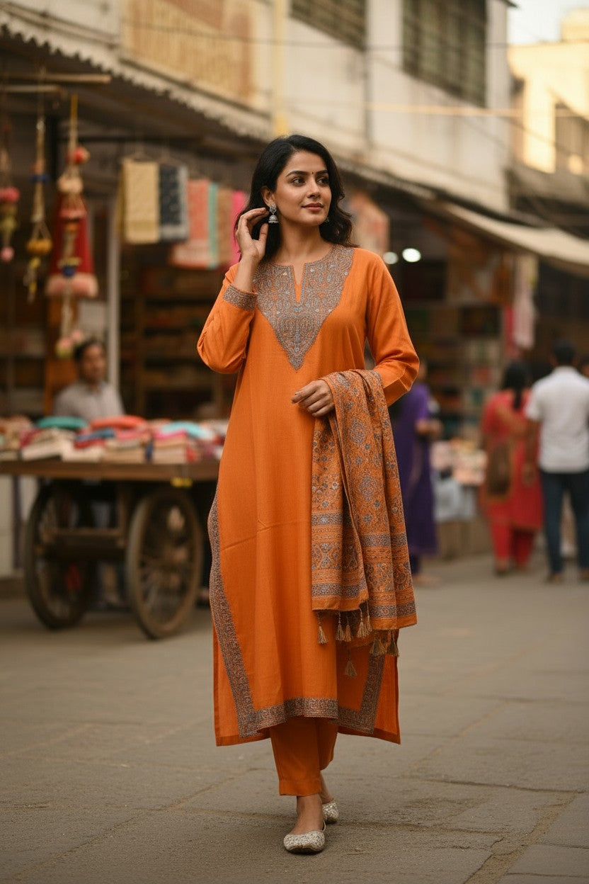 Kashmiri Kurti for Women Silk Kurti with Embroidery - Orange