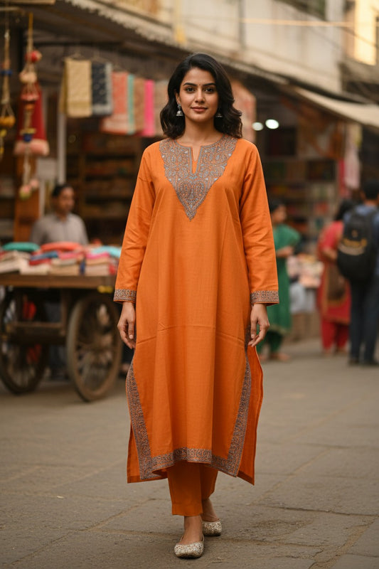 Kashmiri Kurti for Women Silk Kurti with Embroidery - Orange
