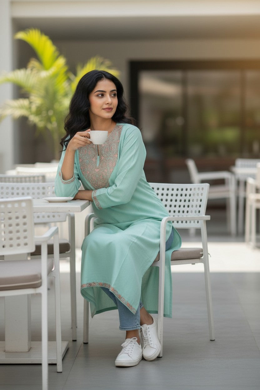 Kashmiri Kurti for Women Silk Kurti with Embroidery - Sea Green