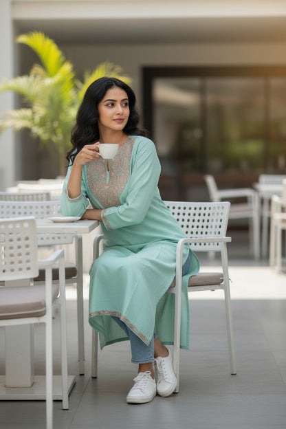 Kashmiri Kurti for Women Silk Kurti with Embroidery - Sea Green