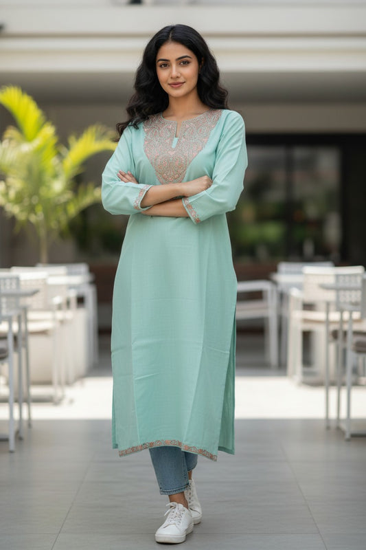 Kashmiri Kurti for Women Silk Kurti with Embroidery - Sea Green
