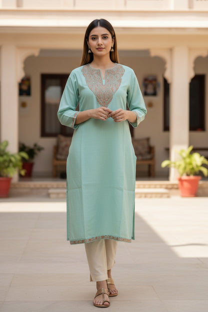 Kashmiri Kurti for Women Silk Kurti with Embroidery - Sea Green
