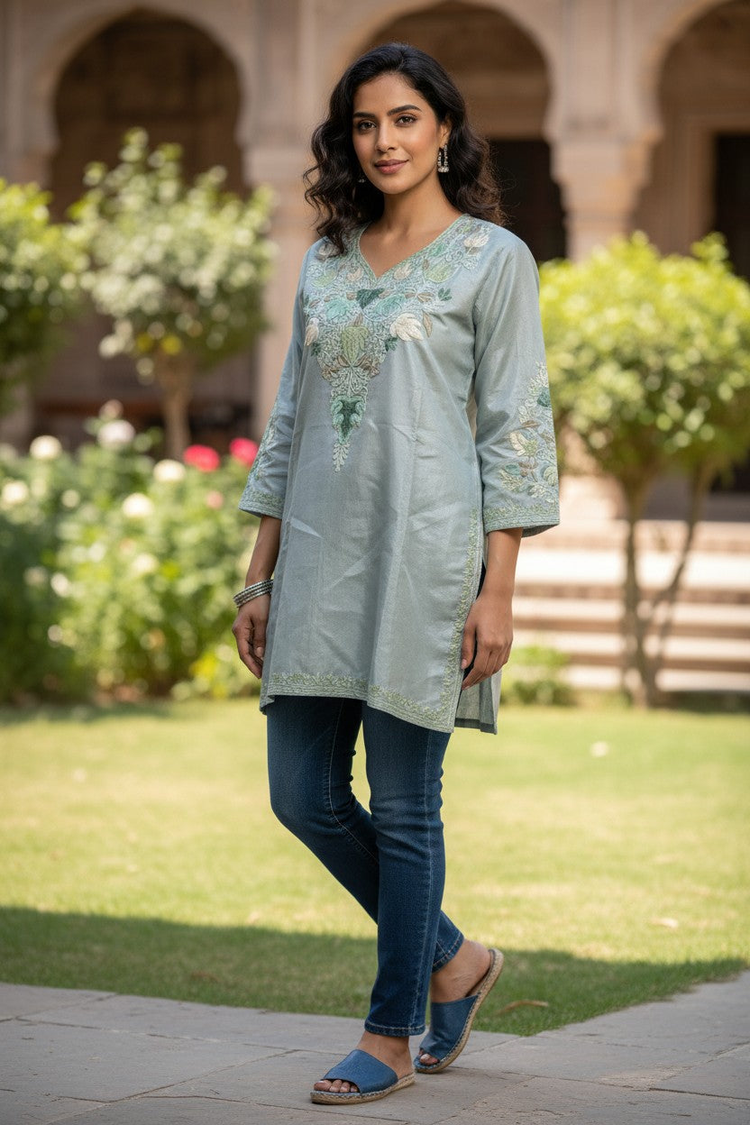 Kashmiri Kurti for Women Silk Kurti with Embroidery - Green