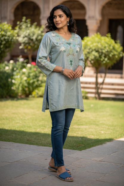 Kashmiri Kurti for Women Silk Kurti with Embroidery - Green