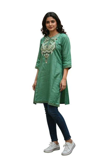 Kashmiri Kurti for Women Silk Kurti with Embroidery - Dark Green