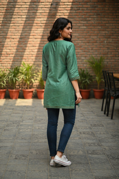 Kashmiri Kurti for Women Silk Kurti with Embroidery - Dark Green