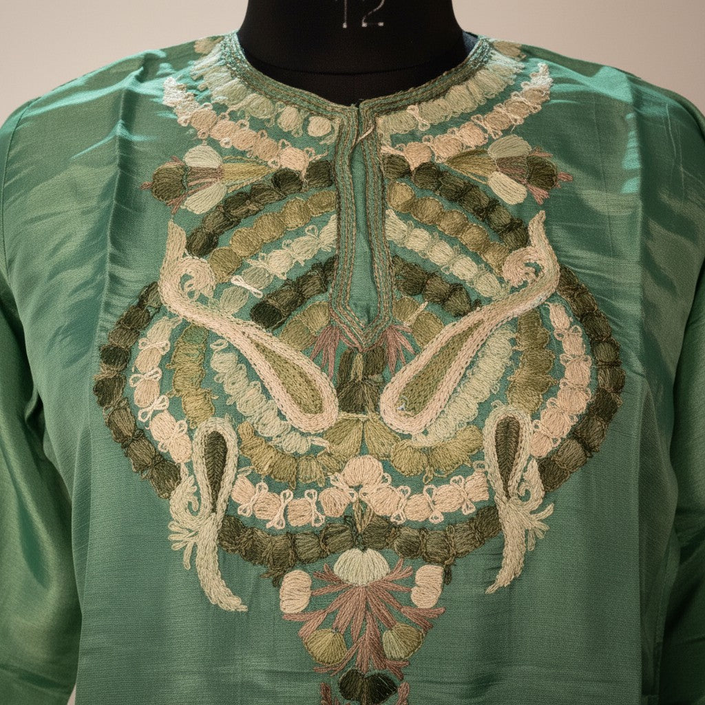 Kashmiri Kurti for Women Silk Kurti with Embroidery - Dark Green