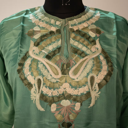 Kashmiri Kurti for Women Silk Kurti with Embroidery - Dark Green