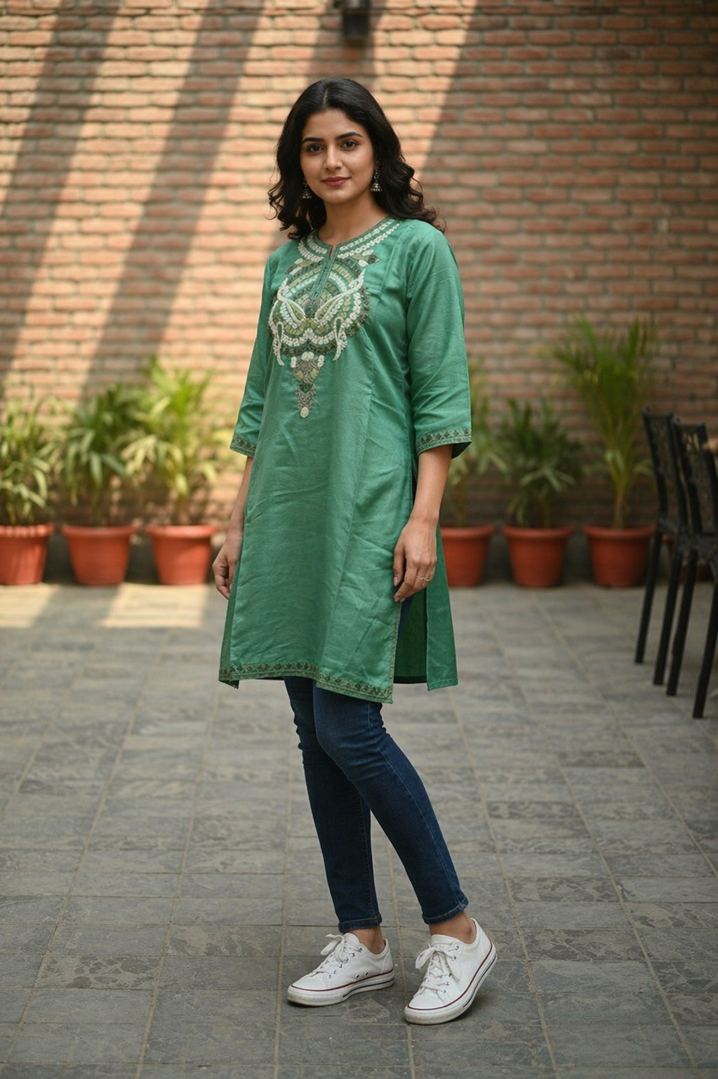Kashmiri Kurti for Women Silk Kurti with Embroidery - Dark Green