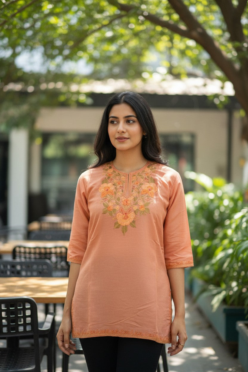 Kashmiri Kurti for Women Silk Kurti with Embroidery - Golden
