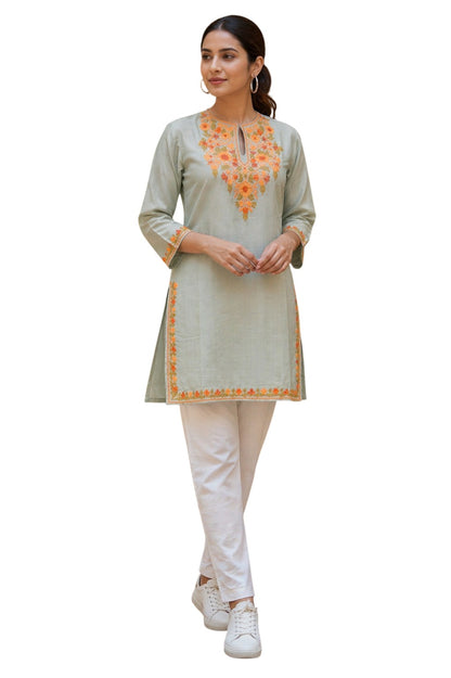 Kashmiri Kurti for Women Silk Kurti with Embroidery - Light Green