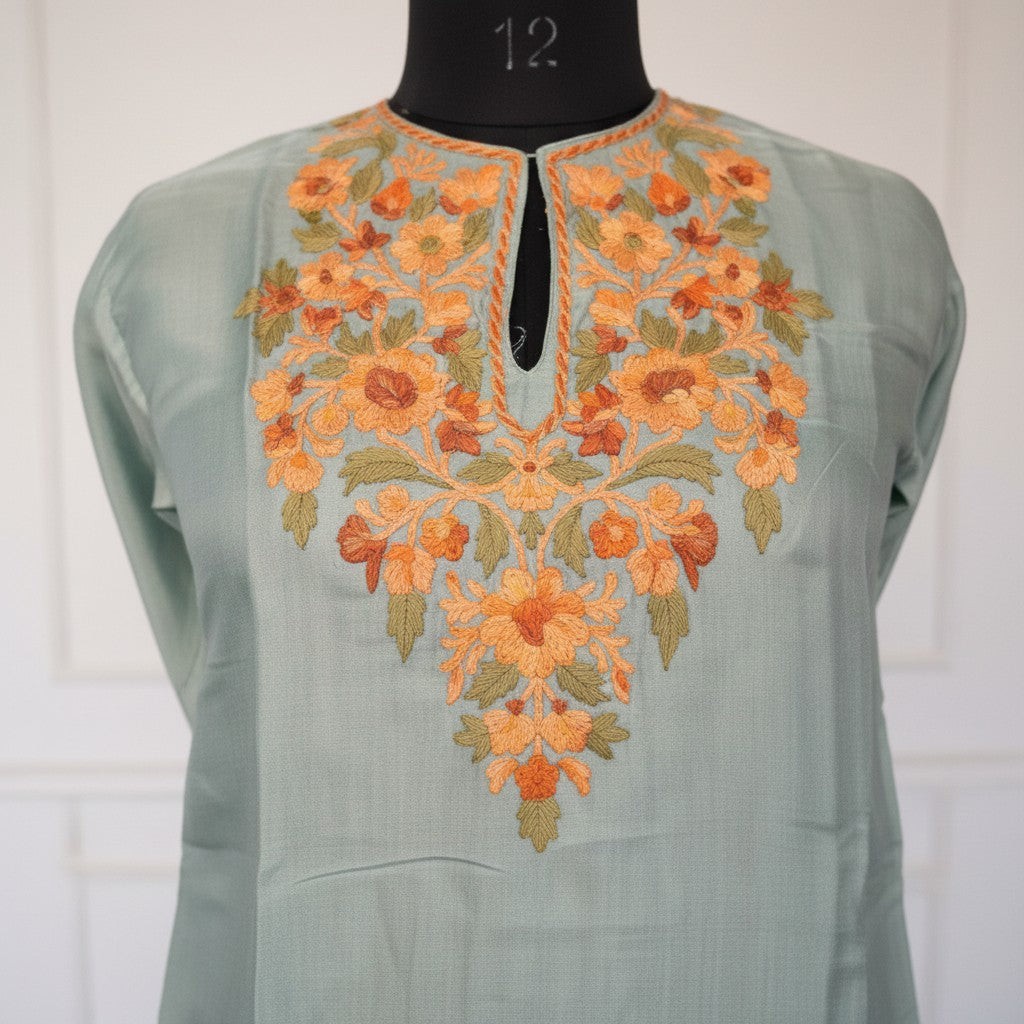 Kashmiri Kurti for Women Silk Kurti with Embroidery - Light Green
