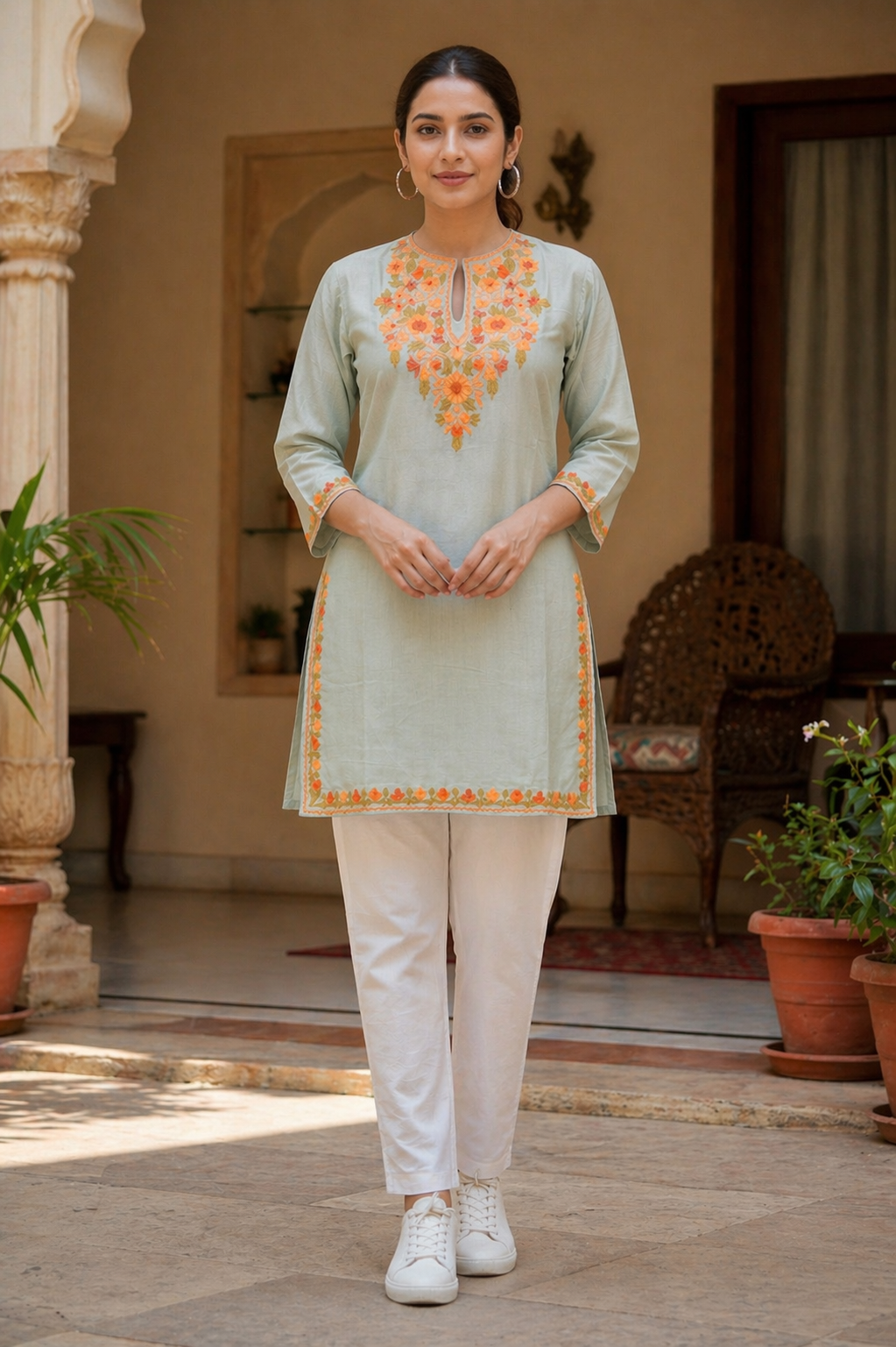 Kashmiri Kurti for Women Silk Kurti with Embroidery - Light Green