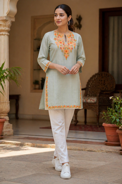 Kashmiri Kurti for Women Silk Kurti with Embroidery - Light Green