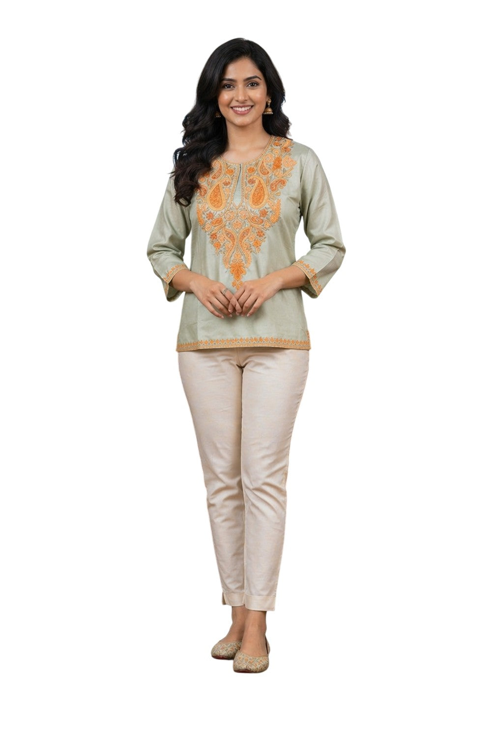 Kashmiri Kurti for Women Silk Kurti with Embroidery - Light Green
