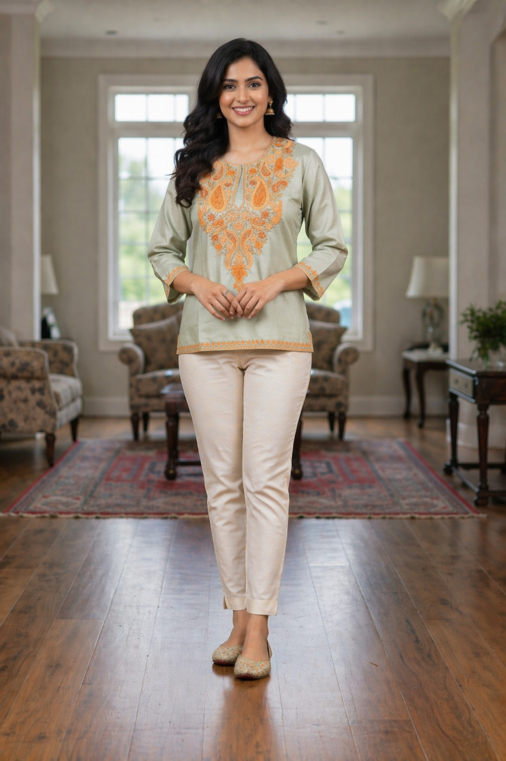Kashmiri Kurti for Women Silk Kurti with Embroidery - Light Green