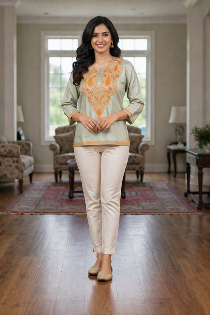 Kashmiri Kurti for Women Silk Kurti with Embroidery - Light Green